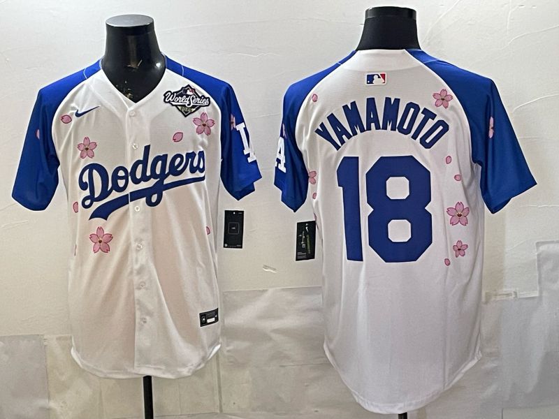 Men Nike 2026 Los Angeles Dodgers #18 Yamamoto White Blue Sakura Edition Game MLB Jersey 12081->los angeles dodgers->MLB Jersey